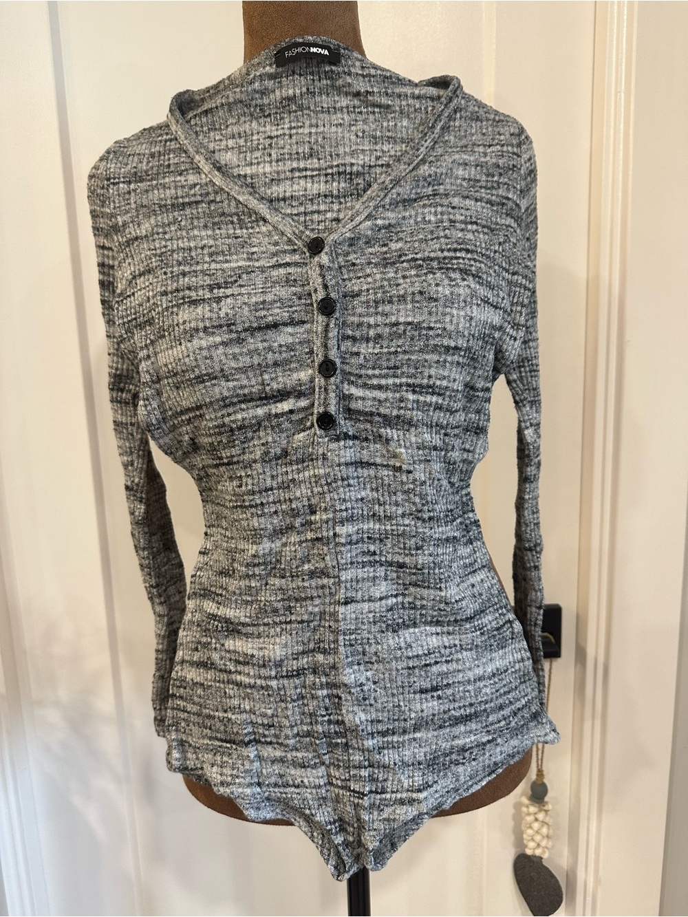 Fashion Nova Gray Marled Ribbed Henley Romper Pajamas